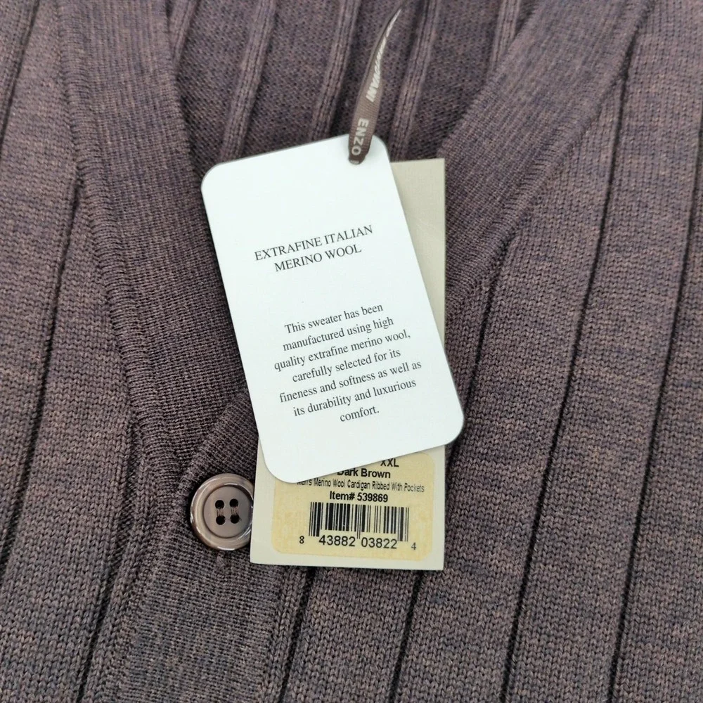 Enzo Mantovani Men XXL Cardigan Sweater Brown Ribbed Knit V-Neck Button Italy